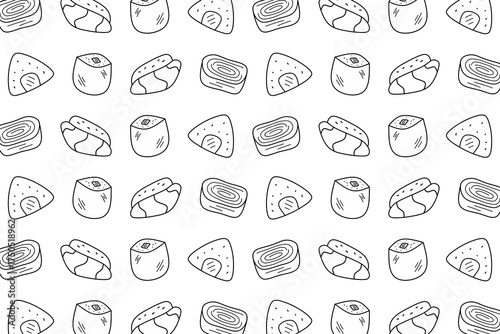 Cute Japanese Food Seamless Background with Sushi and Onigiri