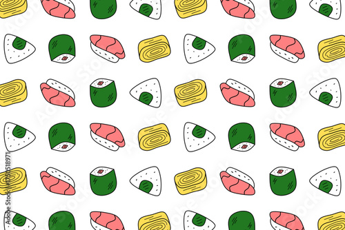 Cute Japanese Food Seamless Background with Sushi and Onigiri