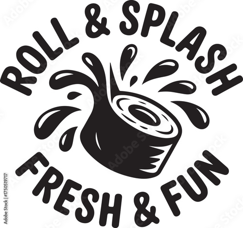 Black and white graphic of a sushi roll splashing water with text liquid
