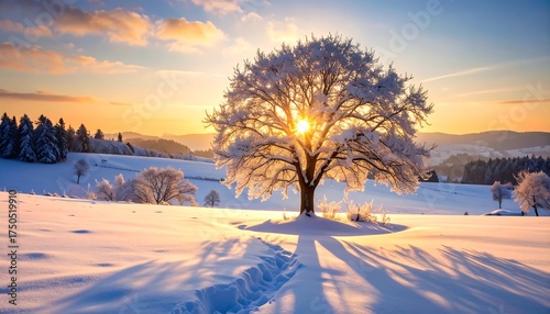 Snowy landscape with a frosted tree illuminated by the setting sun, casting long shadows across the snow-covered ground