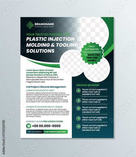 plastic injection molding and tooling solutions flyer design template. combination green and blue gradient element colors isolated on white background. space for photo collage and infographic design
