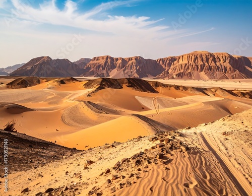 Fototapeta Naklejka Na Ścianę i Meble -  Desert landscape, sand dunes, mountains