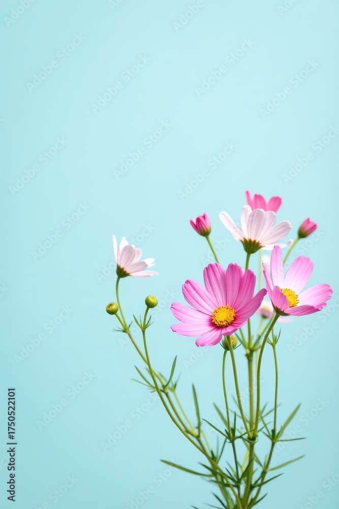 Fototapeta premium Vivid pink and white flowers with yellow centers and green stems bloom, set against a serene, light blue background, creating a sense of natural beauty and tranquility.