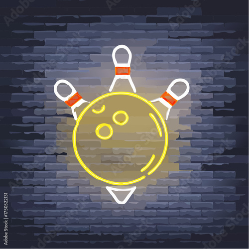 Bowling is collection of neon signs. Collection of Emblem Symbols, Neon Logo, Light Advertising Banner, Night Lighting Billboard, Design Pattern for the Bowling Club, Tournaments. Vector illustration