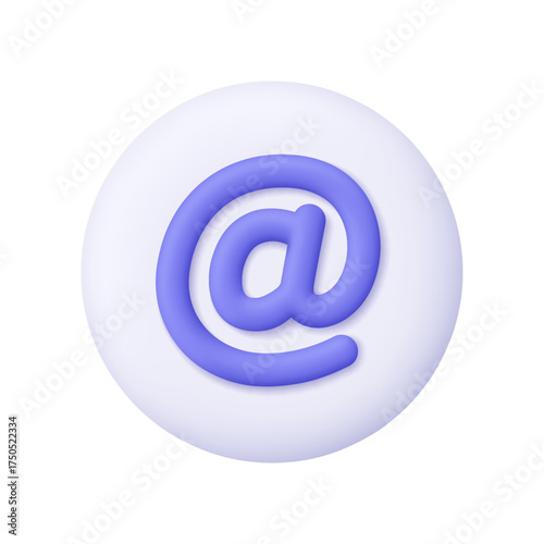 Purple at or e-mail symbol on white circle button. Communication, social media, digital identity, online messaging, contact information and networking concept. 3d vector icon. Cartoon minimal style.