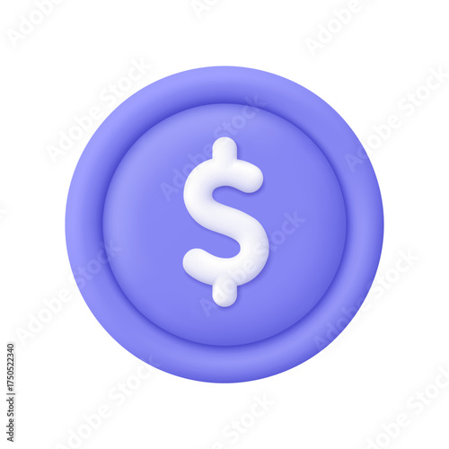 Purple dollar coin. Finance, business and investment concept. 3d vector icon. Cartoon minimal style.