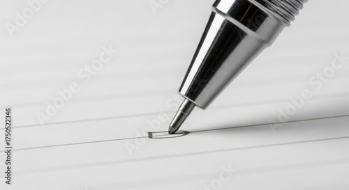 Closeup macro shot of a silver ballpoint pen writing on a lined paper notebook, focusing on the pen tip