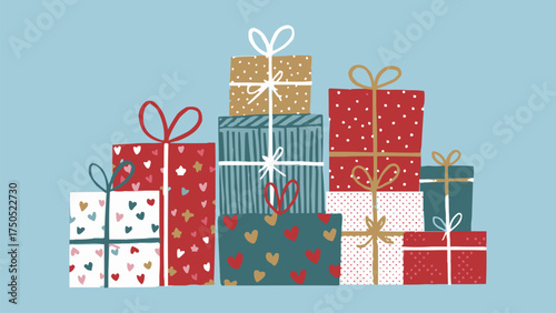 Stack of colorful gift boxes with ribbons and heart patterns on pastel blue background, festive holiday illustration