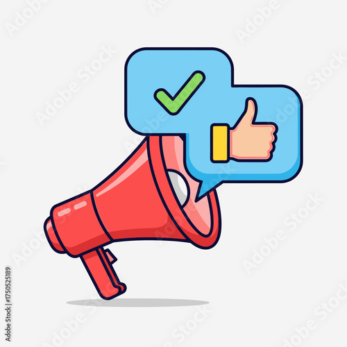 Boost Your Brand with Engaging Communication: Loudspeaker with Thumbs Up & Checkmark for Announcements, Feedback, Approval, and Positive Messages