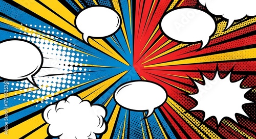 Dynamic Comic Book Background with Speech Bubbles and Halftone Effects.