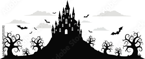 Spooky castle silhouette with bats and dead trees illustration Halloween designs isolated on white background