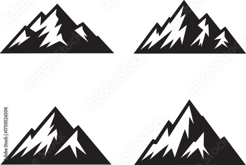Four black and white stylized mountain peak icons for adventure and nature themes summit snow