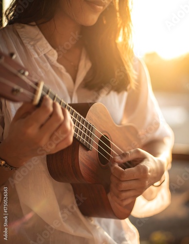 Close-up of a person playing a small stringed instrument