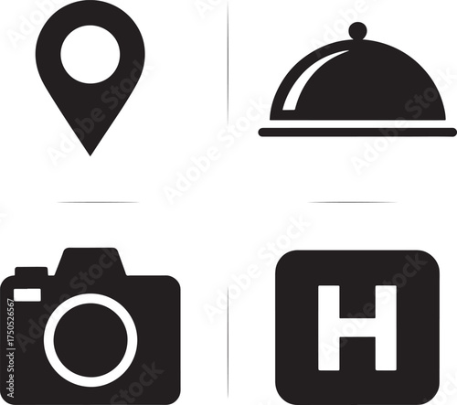 Four black icons: map pin, food cloche, camera, and hospital sign location marker