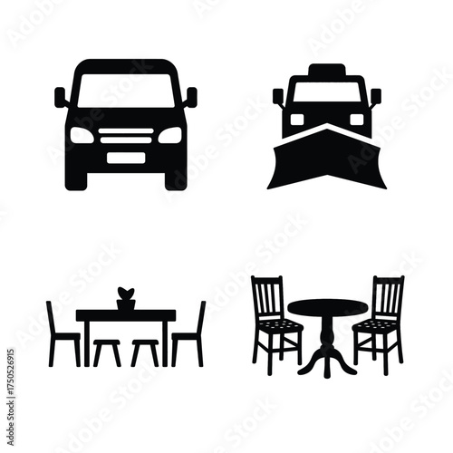 Car snow plow dining table and chairs icons Keywords: car, automobile, vehicle, front view, snow plow, snowplow