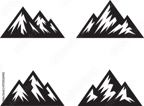 Four Black Mountain Peak Silhouettes With Jagged Edges On White vector illustration