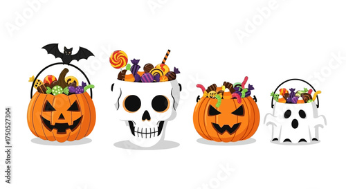 Colorful flat lay of Halloween candy buckets and containers with treats