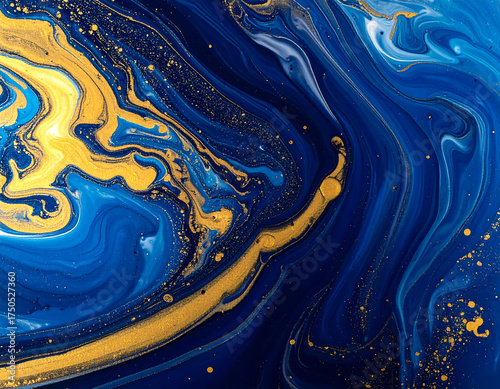 Abstract swirling pattern of deep blue and gold colors creating a fluid, marbled effect with dynamic movement and texture.