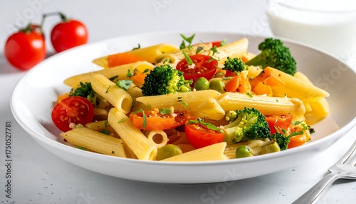 Close-up of penne pasta with vegetables in a white bowl