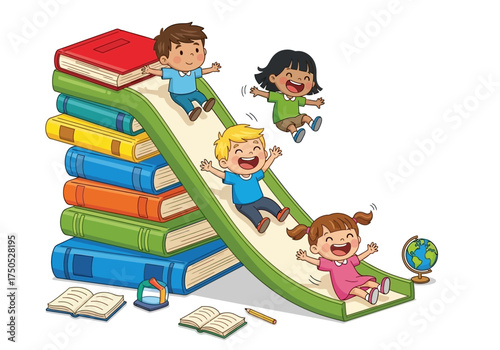 Children sliding down a slide made of books, illustration.