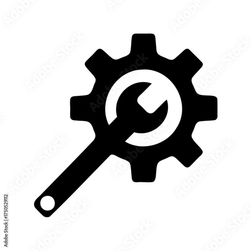 Black and white icon depicting a gear and wrench, representing maintenance