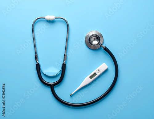 A stethoscope and digital thermometer are neatly arranged on a light blue background, suggesting healthcare or medical diagnosis.