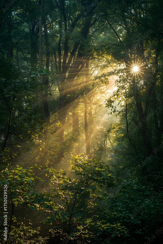 Fototapeta premium Magical morning sunlight streaming through dense forest trees, creating ethereal beams of light and shadow in the misty woodland, symbolizing peace, nature, and spiritual connection with the environme