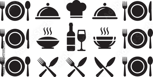 Catering Icons Set with Cutlery Tray Tableware and Food Service Symbols for Cafeteria and Banquet Use