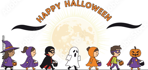 Happy Halloween illustration children in costumes trick or treating design for holiday celebration