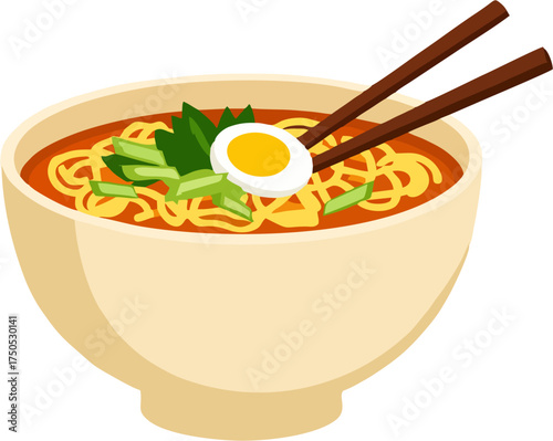 Vector Bowl of Instant Noodle Soup with Egg and Green Garnish