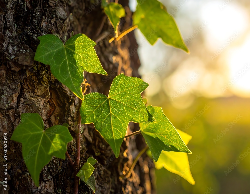 Obraz premium Close-up of vibrant green ivy leaves climbing a textured tree trunk, bathed in the warm glow of the setting sun