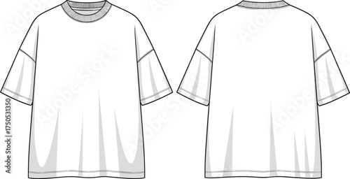 Oversized t shirt template, dropped shoulder fashion, loose fit apparel, short sleeve design, front back view, blank garment sketch, technical illustration