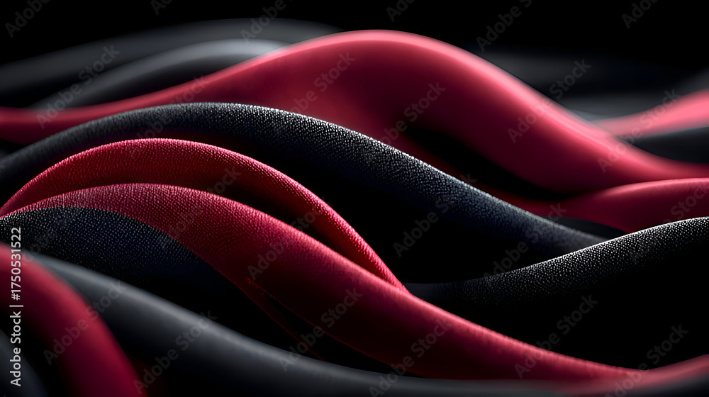 Fototapeta premium Wavy Black and Red Fabric Abstract, Smooth Texture Dark Backdrop