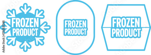 Three blue frozen product labels with snowflake and geometric shapes sticker badge