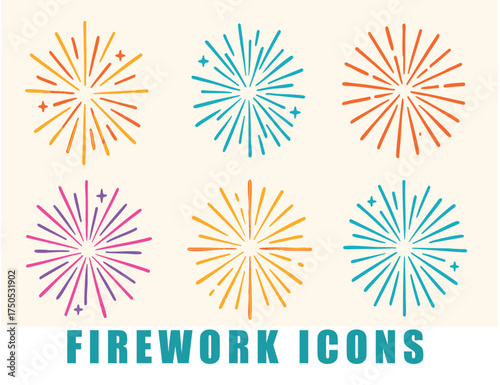 Firework Icon Set: A collection of vibrant, stylized fireworks burst with energy and color, perfect for adding a touch of celebration and excitement to any design.