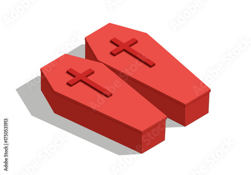 Two red coffins with crosses on top, viewed from an isometric perspective.