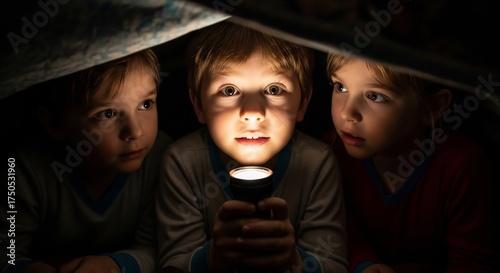 Three Young Children Huddled Under a Blanket Fort Telling Spooky Halloween Stories with a Shining Flashlight