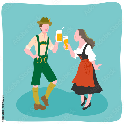 Vector illustration of a man and woman wearing traditional German costumes toasting with beer at Oktoberfest, flat design