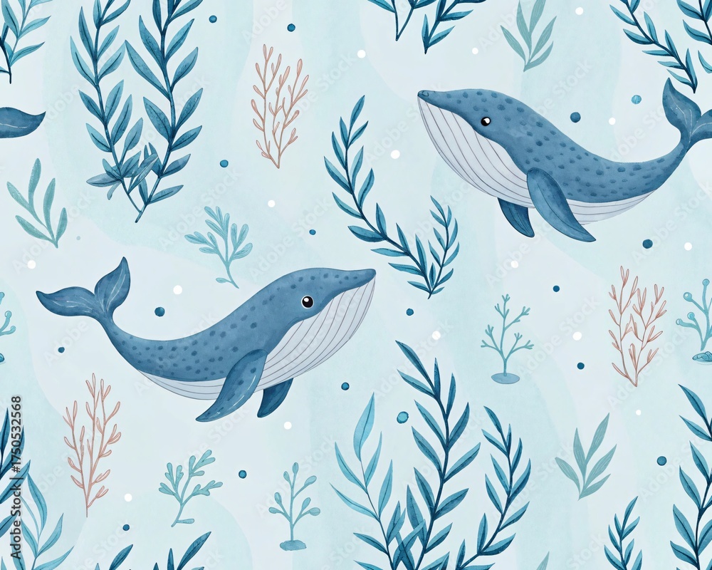 Fototapeta premium Charming Whales and Aquatic Plants Forming a Delightful Ocean Scene Pattern