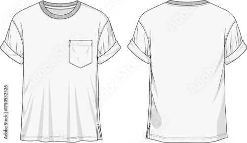 Women’s short‑sleeve pocket T‑shirt technical flat sketch, fashion design template, garment construction drawing, apparel illustration with rolled sleeves, front and back