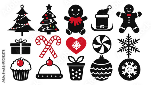 Collection of festive christmas icons and symbols in black and red
