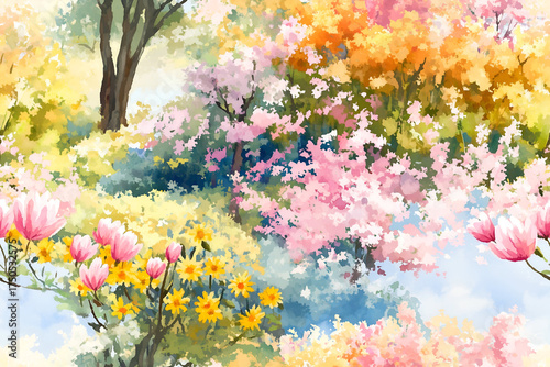 Seamless impressionist style painting of a beautiful garden with blooming spring trees and flowers.