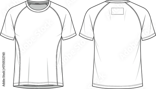 Women’s athletic raglan T‑shirt technical flat sketch, fashion design template, garment construction drawing, apparel illustration with stitching details, front and back