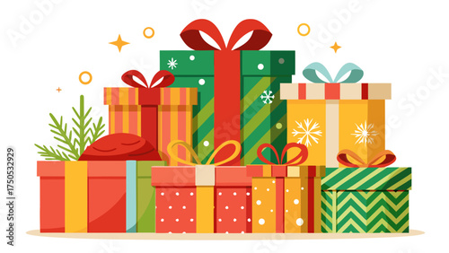 Pile of colorful christmas gift boxes with ribbons and festive decorations