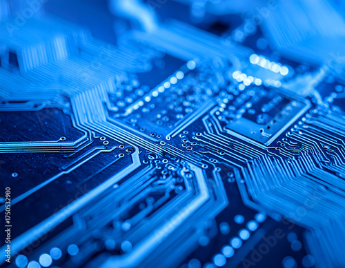 A close-up view of a blue-toned circuit board, showcasing intricate pathways and components, suggesting technology and connectivity.