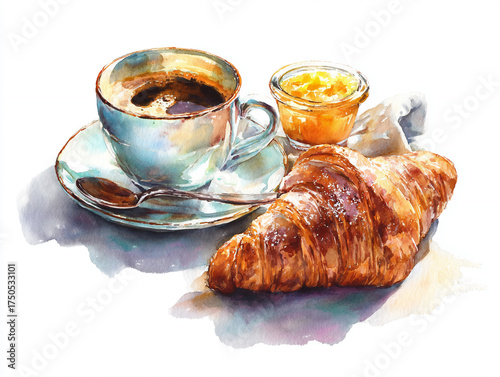 Wallpaper Mural watercolor Illustration, breakfast with coffee and croissant. Torontodigital.ca