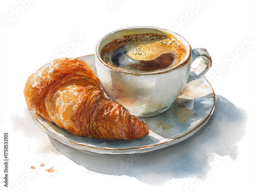 Wallpaper Mural watercolor Illustration, breakfast with coffee and croissant. Torontodigital.ca