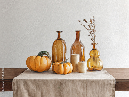 Wallpaper Mural Watercolor Painting of pumpkins, beige table runner, amber vases, and candles on a simple wooden dining table. Torontodigital.ca