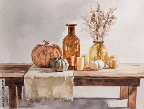 Wallpaper Mural Watercolor Painting of pumpkins, beige table runner, amber vases, and candles on a simple wooden dining table. Torontodigital.ca