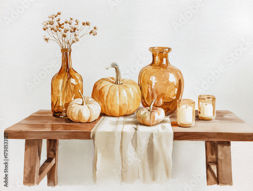 Wallpaper Mural Watercolor Painting of pumpkins, beige table runner, amber vases, and candles on a simple wooden dining table. Torontodigital.ca